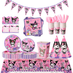 クロミテーマ子供诞生日パーティー赤ちゃん装饰Kuromiラ旗テーブルクロスペーパーディッシュ使い舍て食器