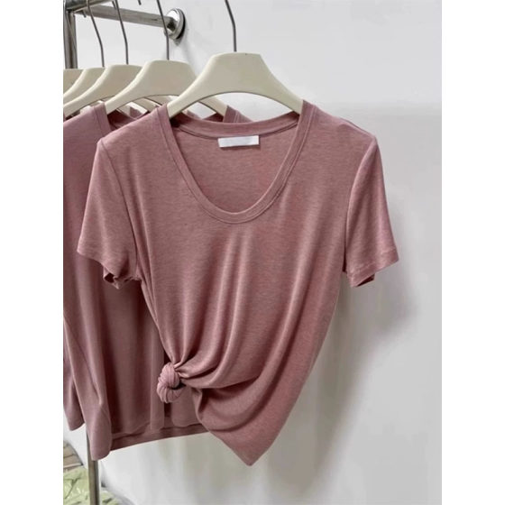 Nanyou Tencel Mask Clavicle-exposed Simple Elegant Base Shirt Grey U-collar All-match Top Short-sleeved T-shirt Women's Summer