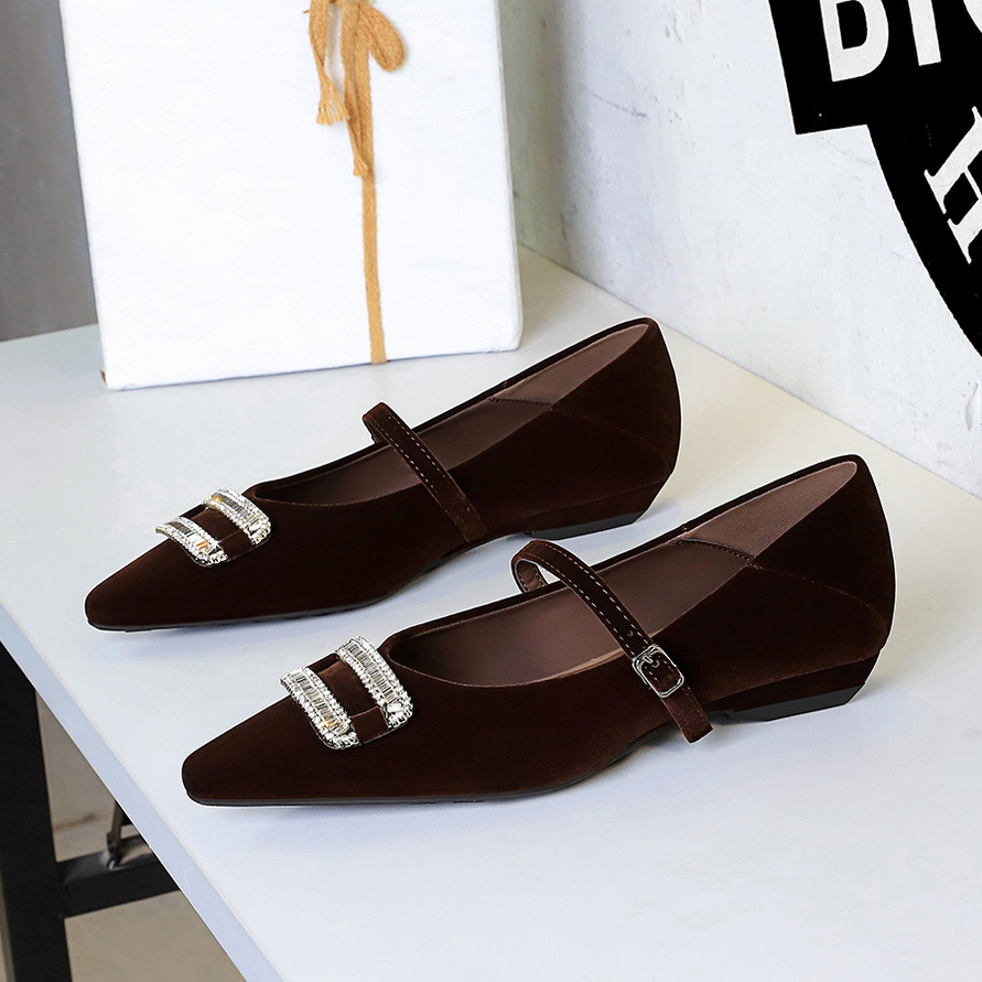3686-K76 Korean-style Fashion Mary Jane With Rhinestone Buckle, One-strap, Wedge Heel, Suede, Elegant Pointed-toe Single_vogvips.com