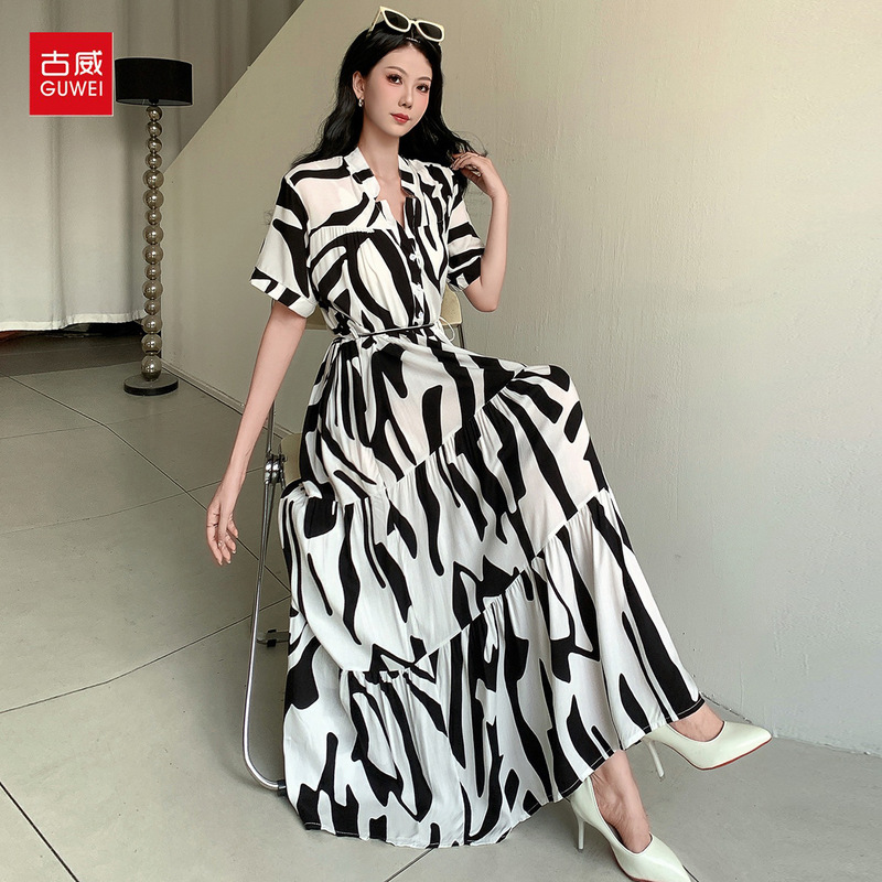 New zebra print long dress, summer high-end Hawaiian island travel style beach dress with short sleeves