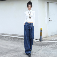 欧洲进口巨时髦错位口袋大翻褶痞帅慵懒大阔腿牛仔裤女明星同款