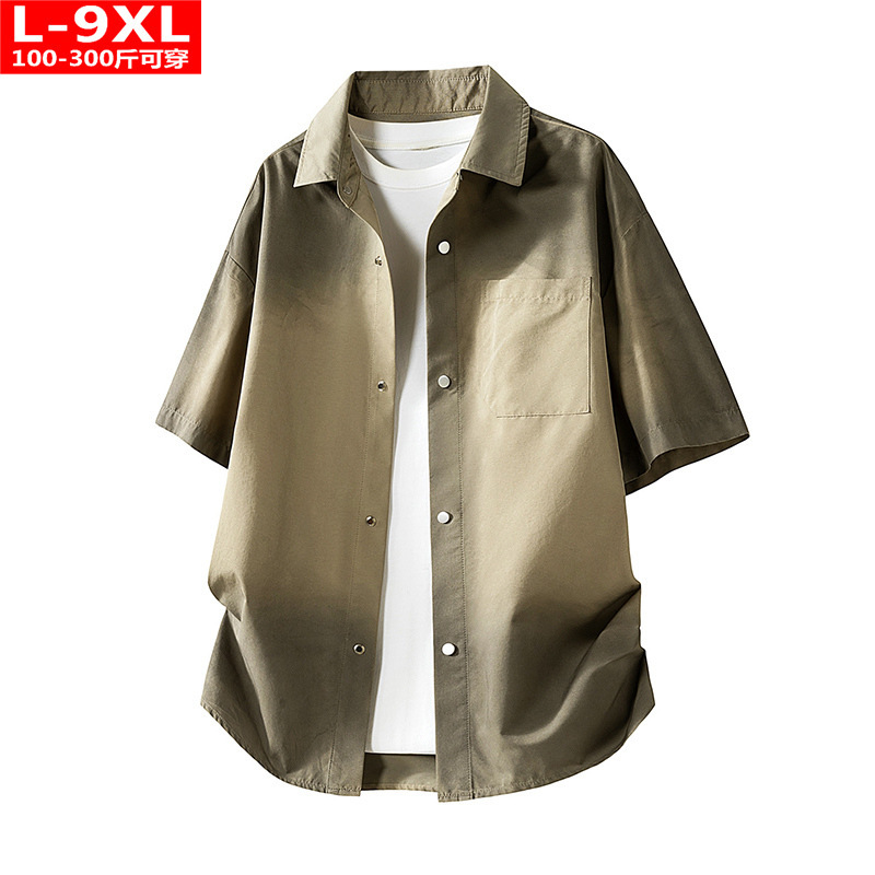 Summer Hong Kong Style Men's Fashion Gradient Square Collar Short-Sleeved Shirt for Fat Men Plus Size Loose Casual Shirt