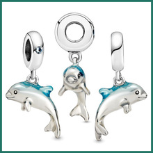 潘家珠子蓝色莹亮海豚3D吊饰生动可爱海洋生物魅力经典饰品小配件