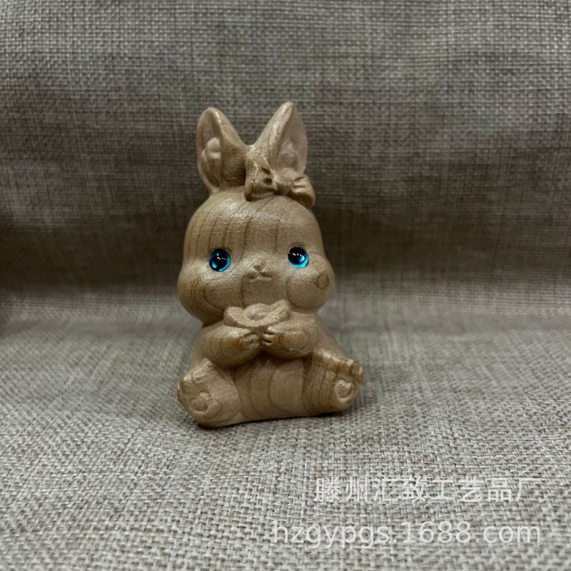 ウサギの置物純桃木十二生肖実木彫刻立体ウサギ付属品木彫り家庭のデスクトップ工芸品|undefined