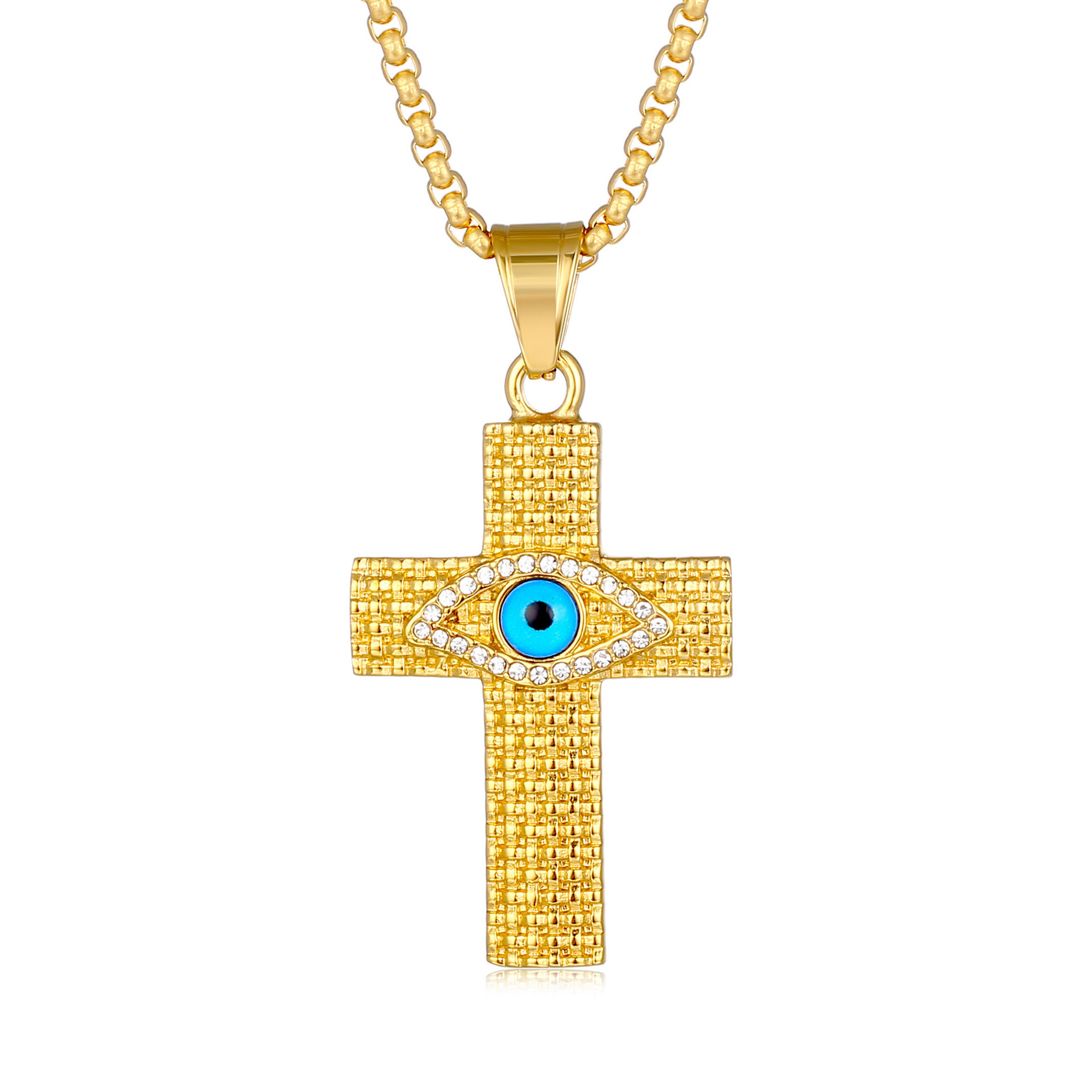 European And American Cross-Border Popular Hip Hop Hiphop Jewelry Titanium Steel Gold-Plated Diamond-Embedded Evil Eye Cross Pendant Necklace display picture 4