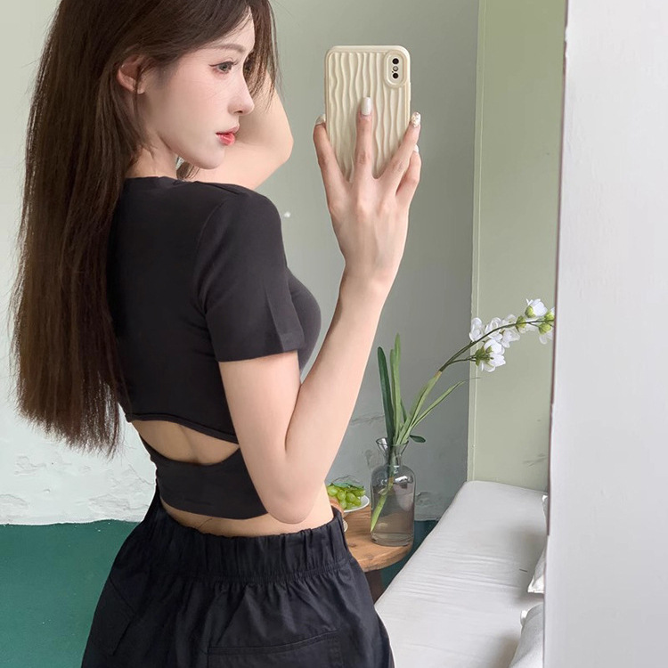 High-waisted short sleeve crop top with back cut-out, women's tight French-style solid color base layer summer new top Instagram style