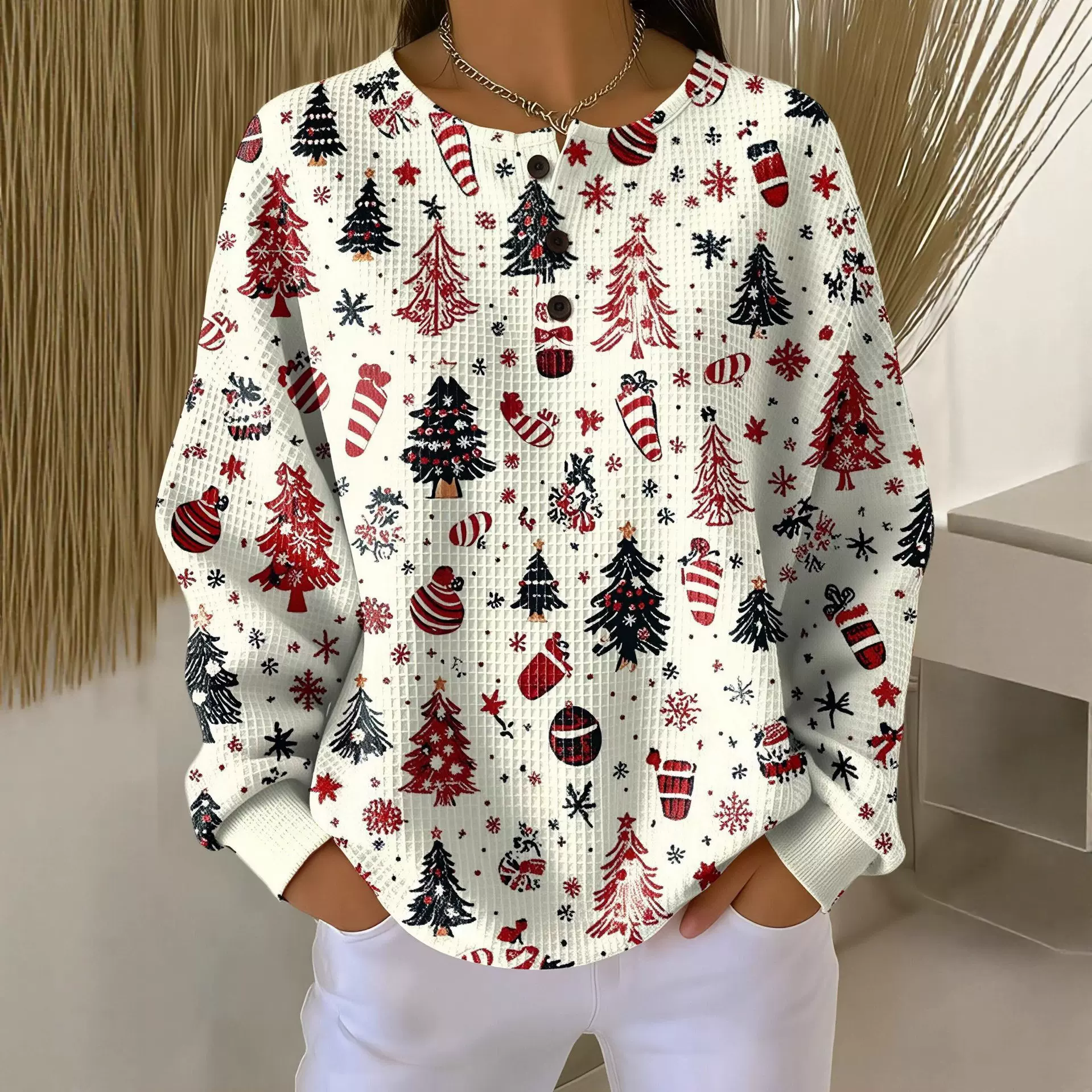 25马逊独立独新款复古3D数码印花三扣立领Polo卫衣女装--华夫格