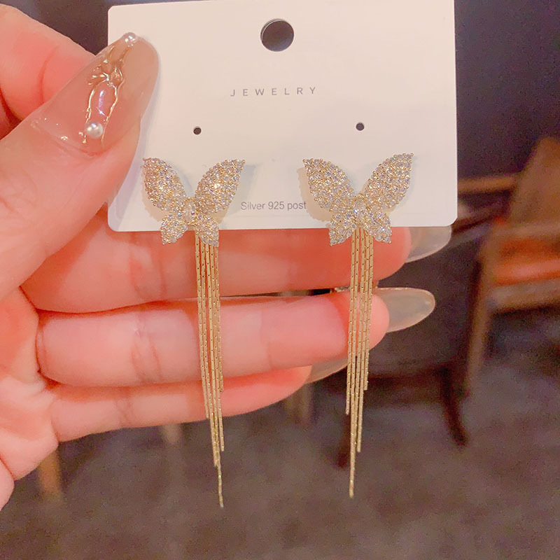 S925銀針韓國氣質網紅耳飾女輕奢後掛式蝴蝶流蘇耳釘一款兩戴耳環