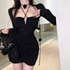 Hip wrapped skirt for women with long sleeves and neck hanging design， spicy girl dress
