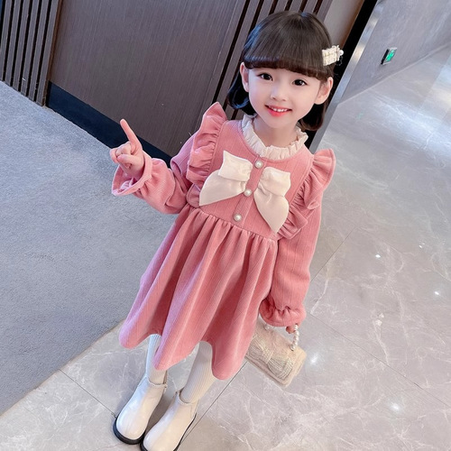 New Sweet Butterfly Bow Fashion Dress for Autumn/Winter, Small Children, Stylish Medium Length Skirt Option