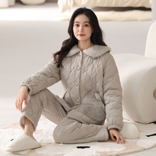 睡衣女士冬季三层加绒加厚纯棉夹棉保暖棉袄冬天家居服套装可外穿