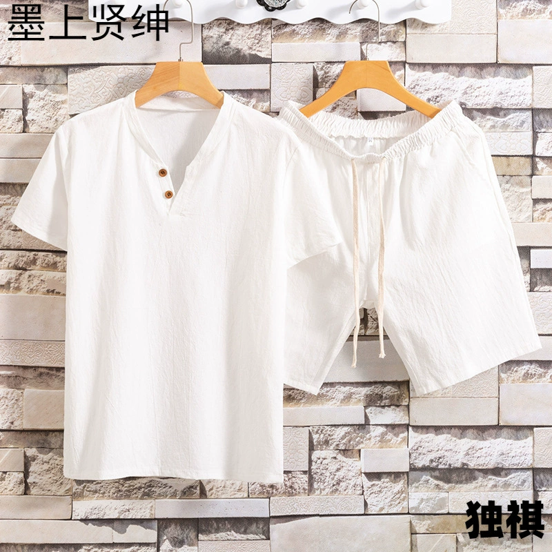 Трансграничные мужские шорты с короткими рукавами для внешней торговли Летний хлопок льна и лен сплошной цвет мужская футболка из двух частей A24