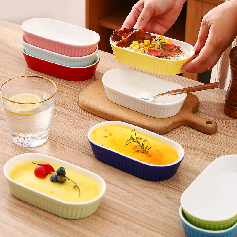 Western-style Ceramic Baking Tableware Creative Stripesd Baking Pan Oval Bowl Pasta Baked Rice Plate Hotel Western-style Ceramic Baking Tableware Creative Stripesd Baking Pan Oval Bowl Pasta Baked Rice Plate Hotel