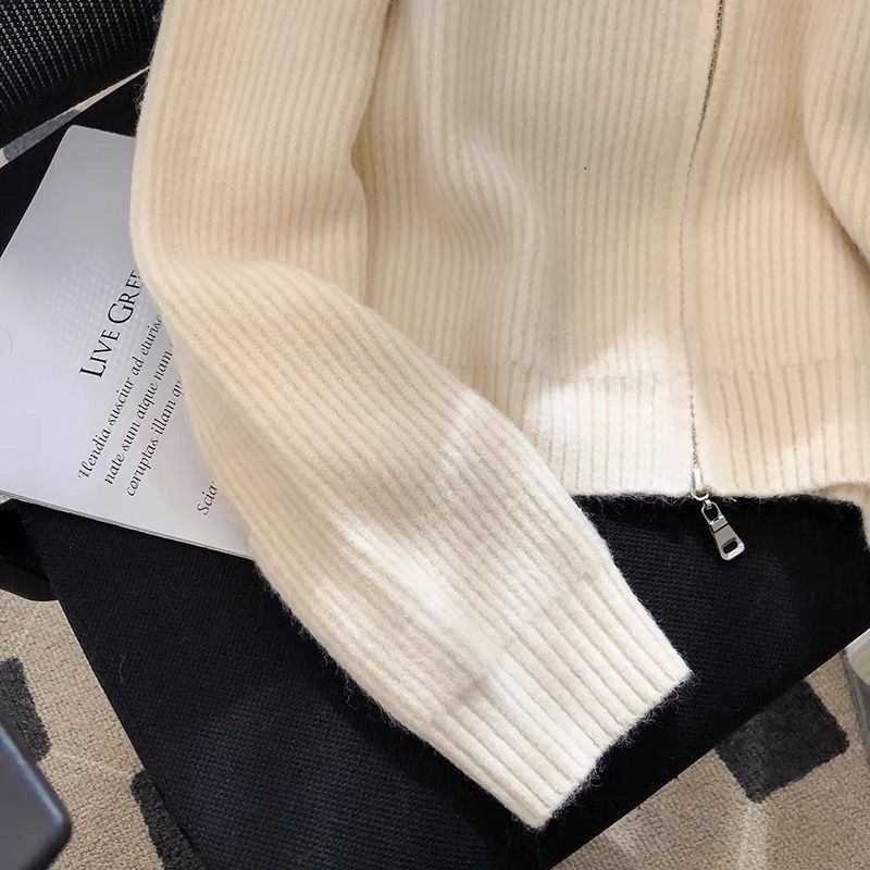 Autumn and Winter Lapel Double Zipper Knitted Cardigan Women's Lazy Style Outer Sweater Jacket Winter High Collar Thickened Top Autumn and Winter Lapel Double Zipper Knitted Cardigan Women's Lazy Style Outer Sweater Jacket Winter High Collar Thickened Top