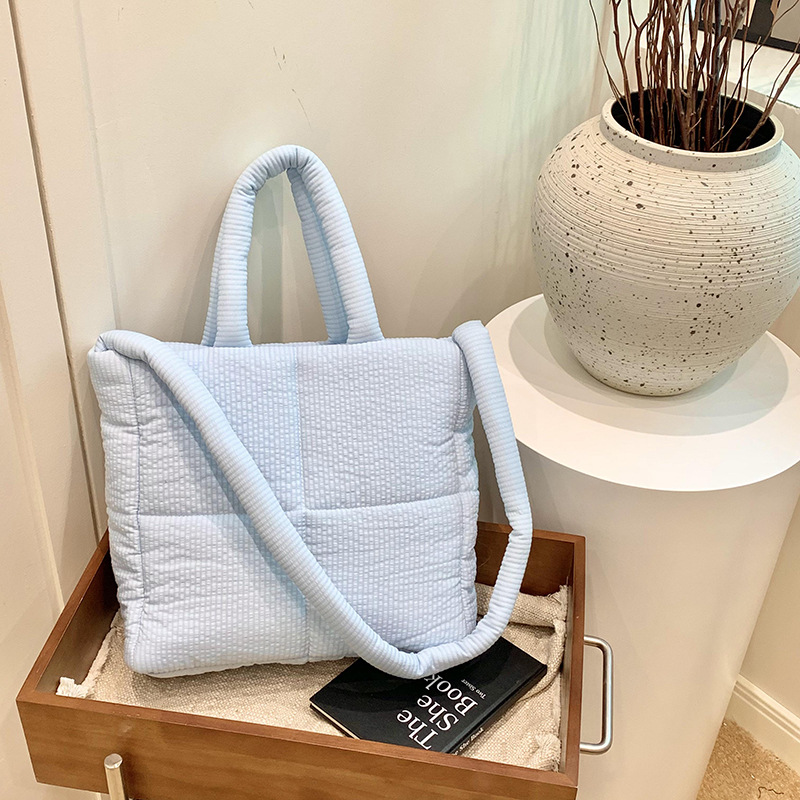 High quality texture tote bag nylon cotton bag large capacity shoulder messenger bag soft plaid handbag down bag_voghion.com
