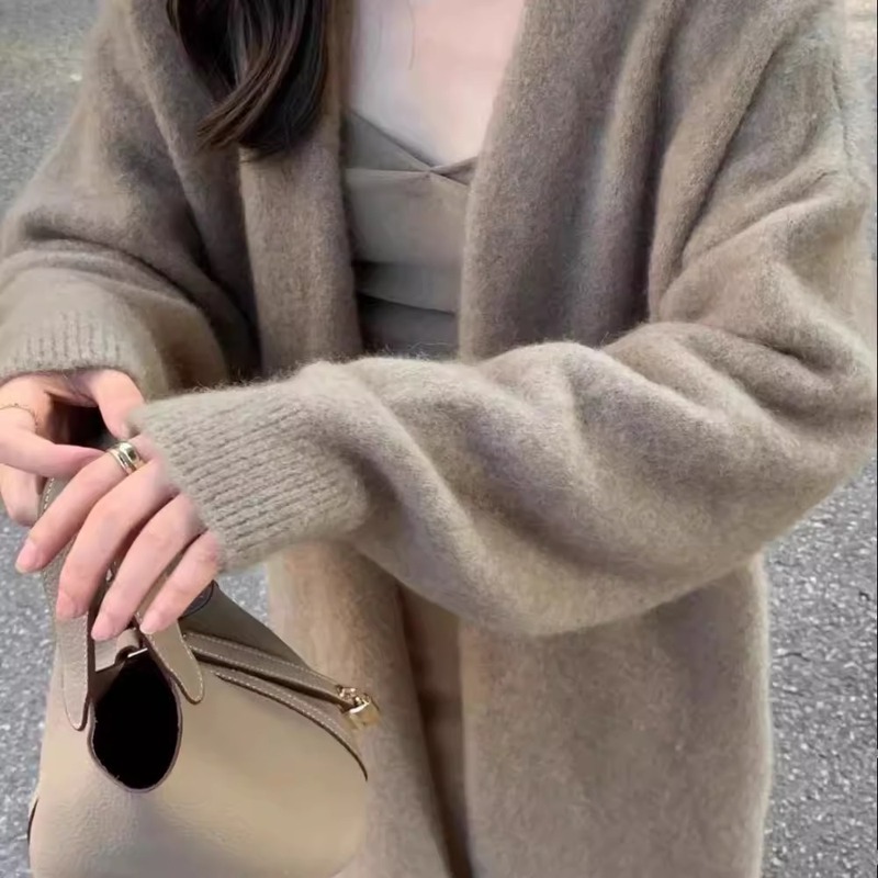 慵懒感小香风过膝中长款针织开衫女宽松甜美软糯温柔纯色毛衣外套|undefined