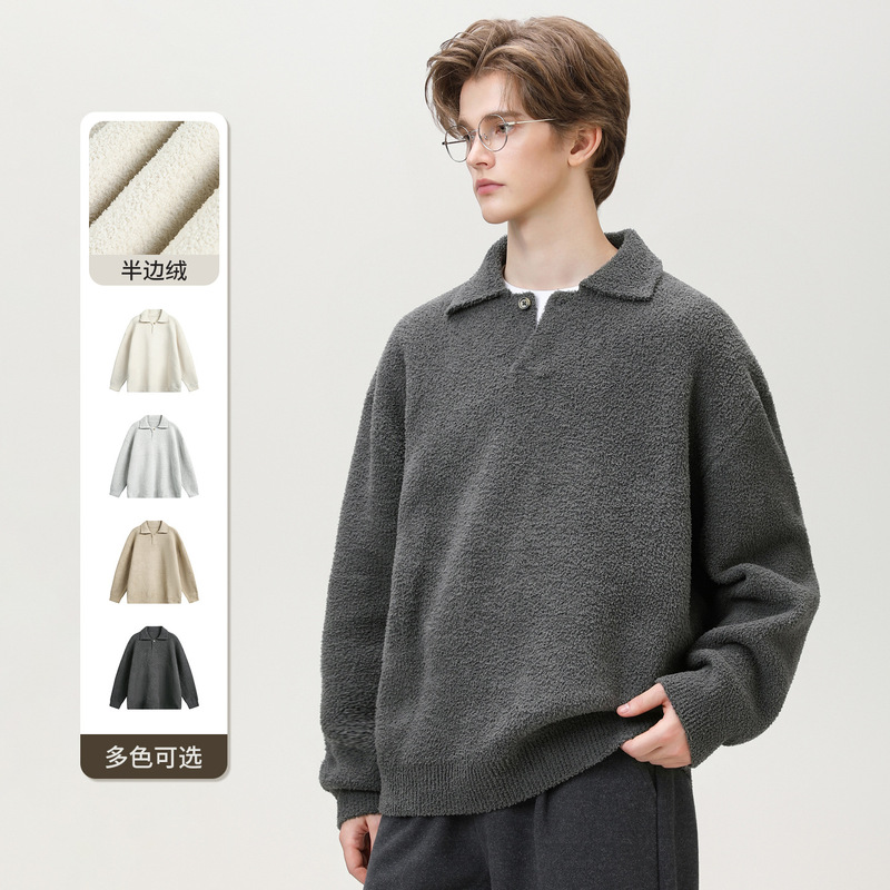 Heavyweight Textured Half-Velvet Seagull Collar Sweater, Autumn and Winter Style, Japanese Loose Fit, Thick and Warm, Lazy Style Knitwear