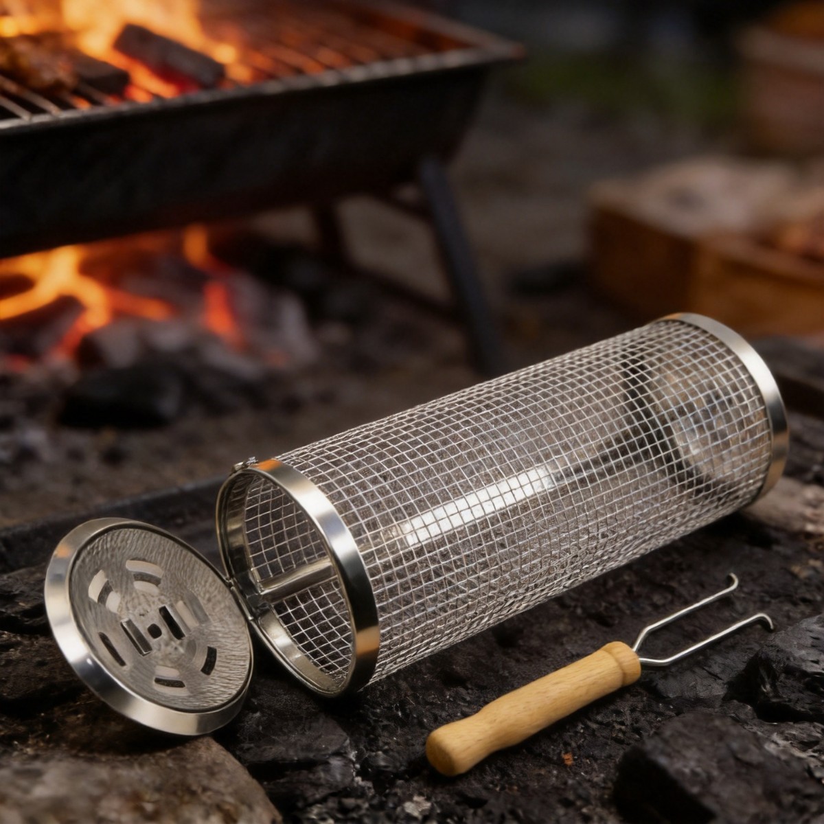 Wooden handle BBQ cage, portable barbecue net, rotating round barbecue tube, multi-person outdoor barbecue cage