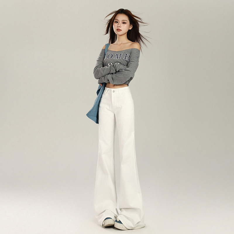 White Flared Jeans for Women, Spring 2026 New Style, Solid Color, Versatile, Simple, Slimming, Casual Bell-Bottom Pants