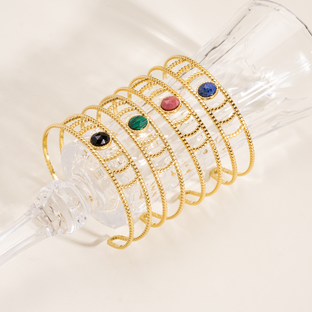 欧美气质优雅天然石镶嵌宽版日常手镯复古个性时尚不锈钢开口手环