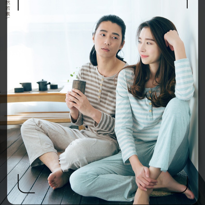 Class A unprinted yarn good product Tianzhu cotton knitted striped pajamas home clothes long sleeve trousers set for lovers Class A unprinted yarn good product Tianzhu cotton knitted striped pajamas home clothes long sleeve trousers set for lovers