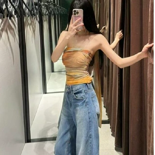 夏季2025新款挂脖抹胸褶皱修身网纱印花小众设计感一字裹胸上衣女