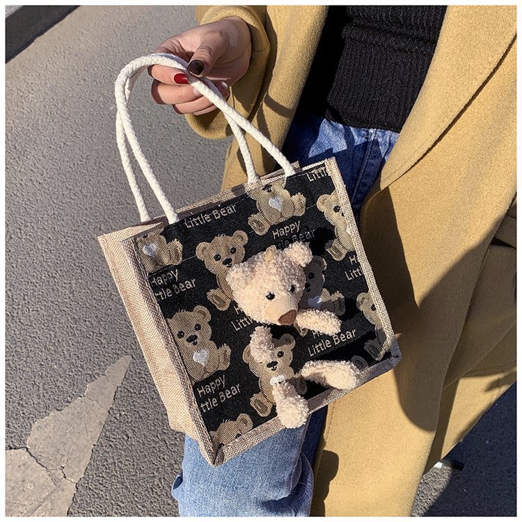 Portable lunch box, canvas bag 2021 new Korean version Instagram college student class bear tote bag undefined