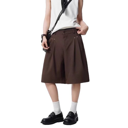 American vibe pleated men's summer streetwear retro versatile casual shorts high street loose wide-leg five-pocket pants