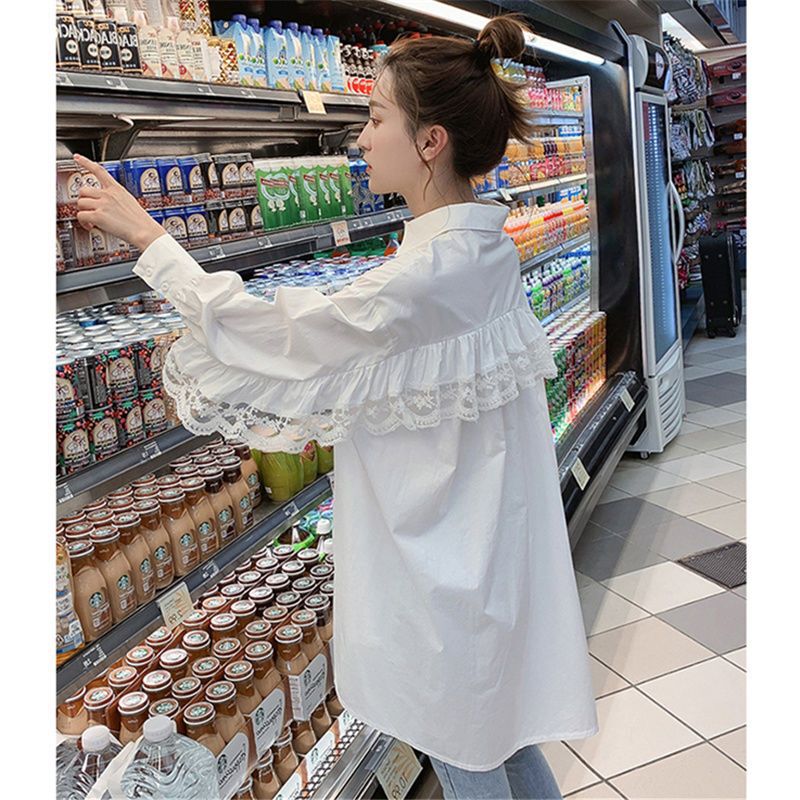 Mid-length white shirt women's new early autumn lace stitching design sense niche lazy style loose shirt fashion Mid-length white shirt women's new early autumn lace stitching design sense niche lazy style loose shirt fashion
