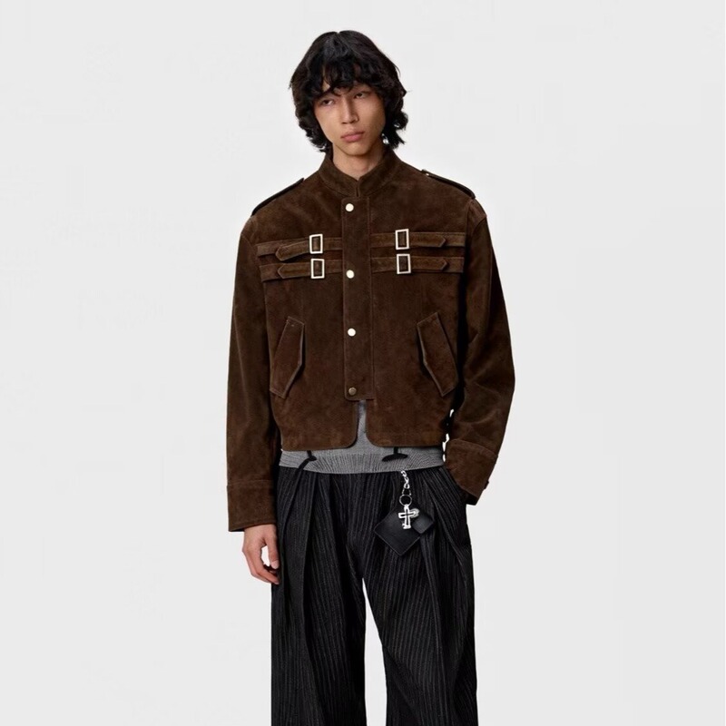 Men's Short Jacket with Stand Collar, Loose Fit, Autumn Korean Style, Trendy High-End Feel, Brown Cotton