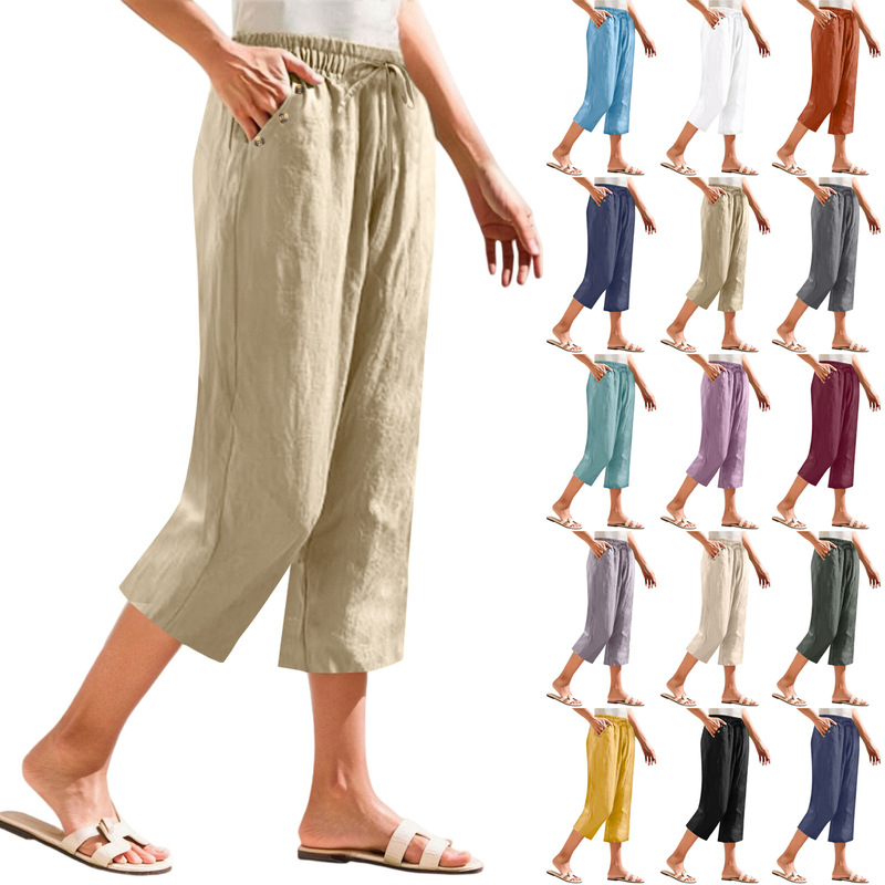 Pendant Cotton Linen Straight Pants Women's 2025 Summer Solid Color All-match Loose Slimming Thin Artistic Casual Capri Pants for Women