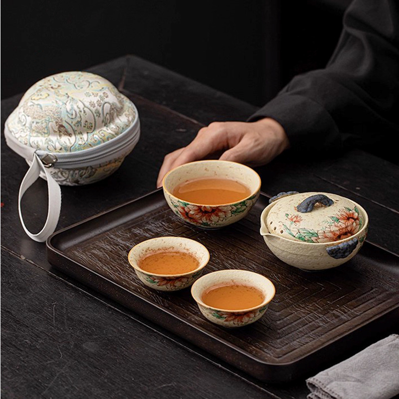 Caramel Glaze Blue and White Firestone Red Portable One Pot Three Cups Kung Fu Travel Tea Set Travel Outdoor Tea Brewing Pot
