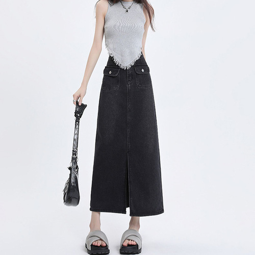 Pure Desire Wind-Opening Frayed Denim Half-Body Skirt for Women - Spring and Summer High-Waist A-Line Booty Skirt with Unique Design Sensibility