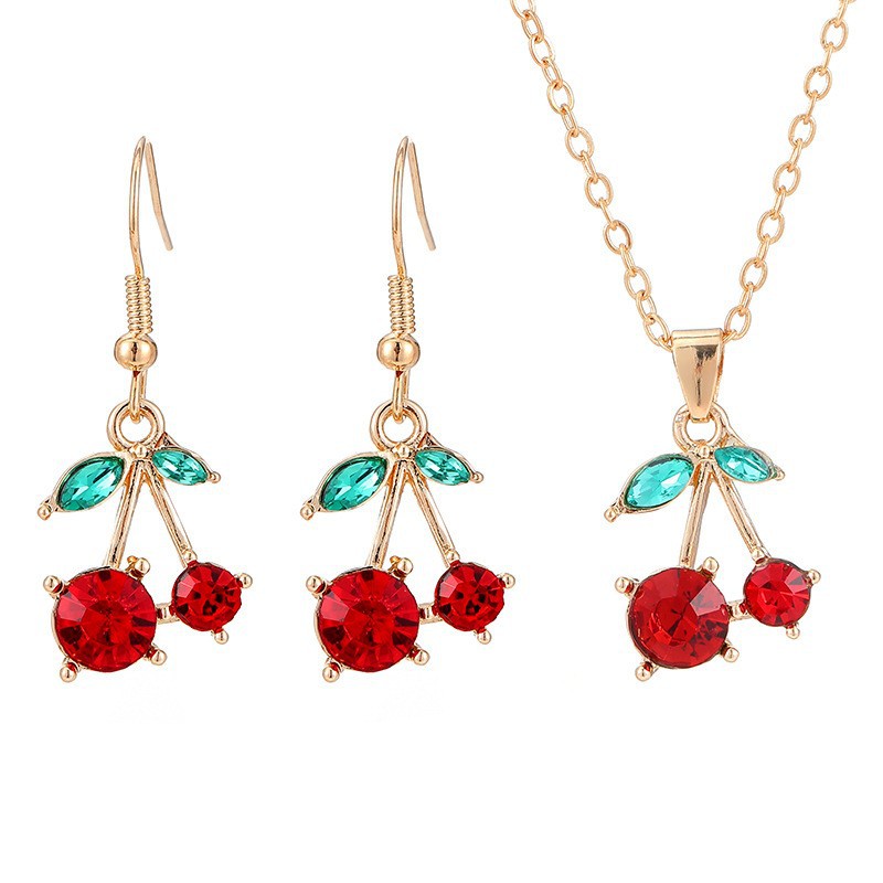 Ins viento rojo cereza clavícula aretes conjunto de joyería para mujeres transfronterizas colgante de cereza verde accesorios de aretes