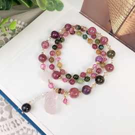 彩虹碧玺三圈草莓晶桶珠粉晶貔貅吊坠手链小众奥地利水晶手串饰品