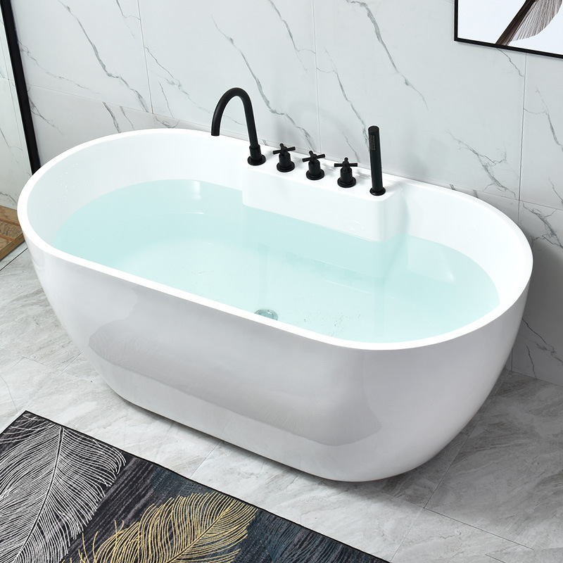 Bathtub for Home Use, Small-Sized, Acrylic, Freestanding, European-Style, Deep Soaking, Symmetrical Design, Full Skirt, Side-By-Side Soaking Bathtub