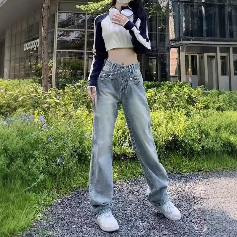 High Waist Straight Cross Jeans Women's Autumn 2024 New Niche Design Sense Loose All-match Ins Pants