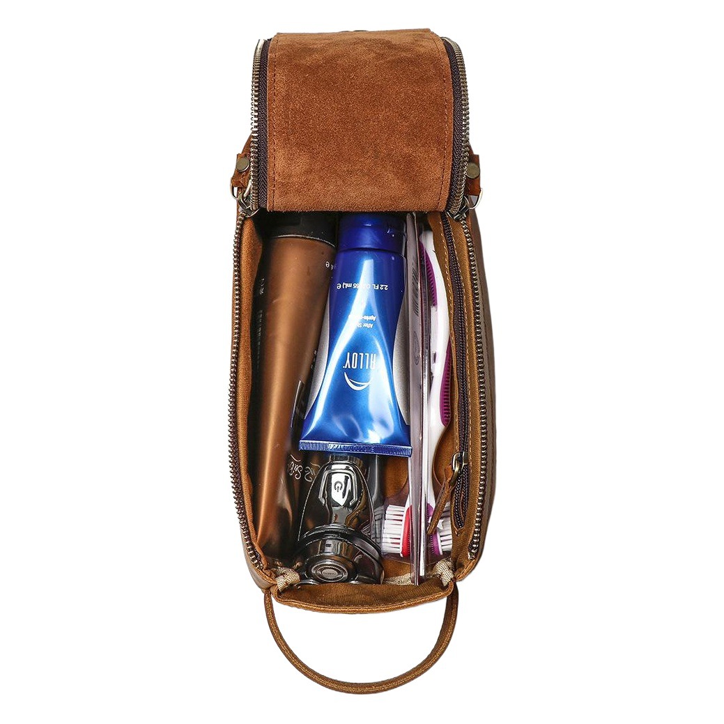 Foreign Trade Retro Multifunctional Genuine Leather Handbag Men's Cosmetic Bag Large Capacity Crazy Horse Leather Toiletries Cosmetics Bag