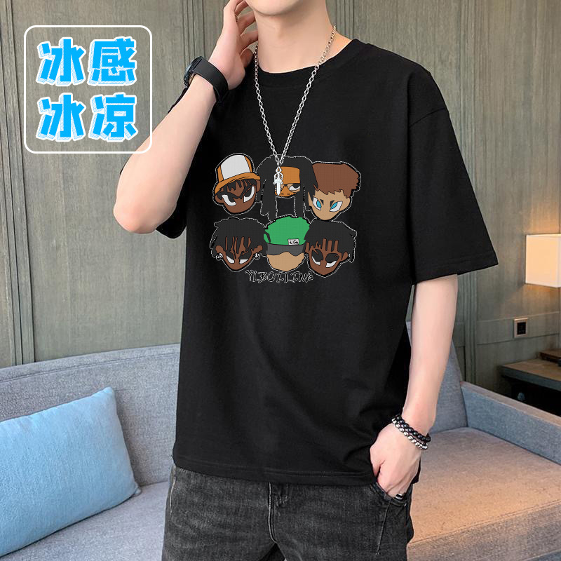 Trendy Short Korean Fashion Black Ice Silk Round Neck Short Sleeve T-Shirt Men's and Women's Same Style Top Clothes Trend Trendy Short Korean Fashion Black Ice Silk Round Neck Short Sleeve T-Shirt Men's and Women's Same Style Top Clothes Trend