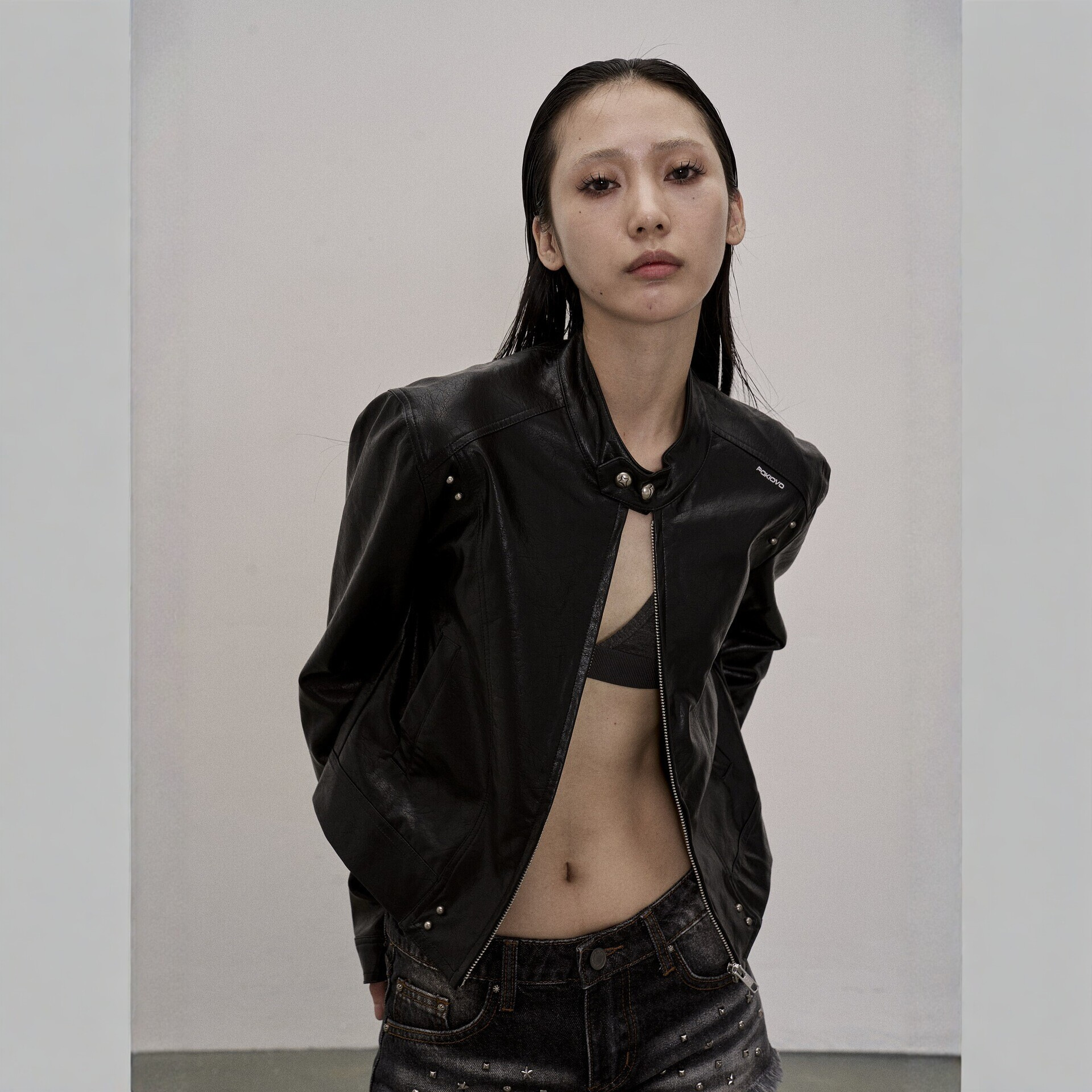 Pokiovo Leather Jacket, Short Shoulder-Length Jacket, Retro Motorcycle Leather Jacket, Genuine Leather Women's Jacket