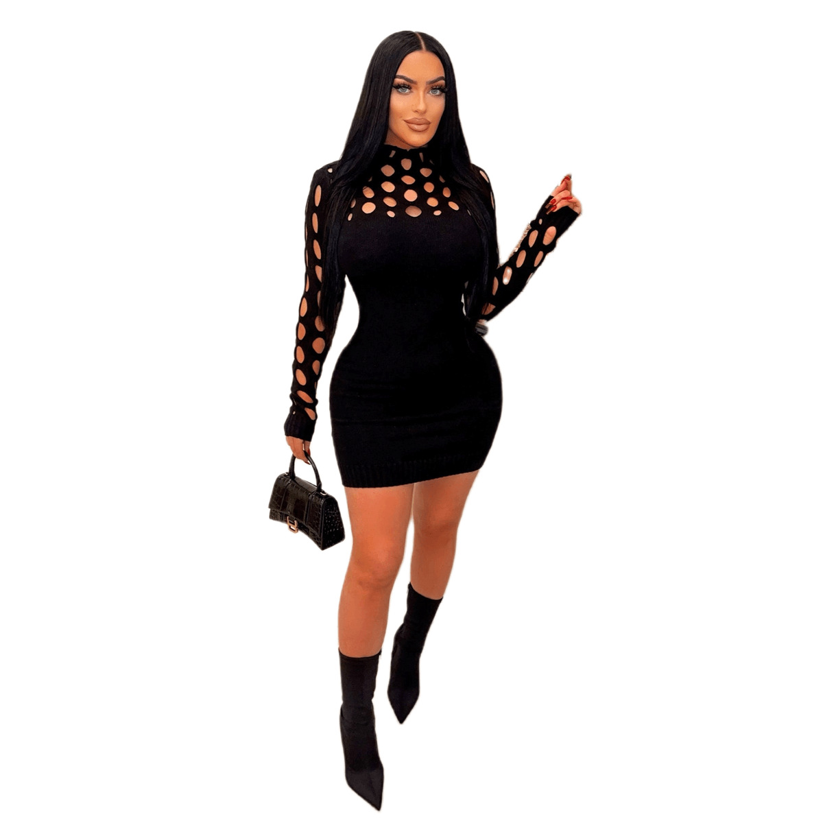 Kadın Giyim moda seksi örme elbise içi boş uzun kollu dar yün etek_voghion.com