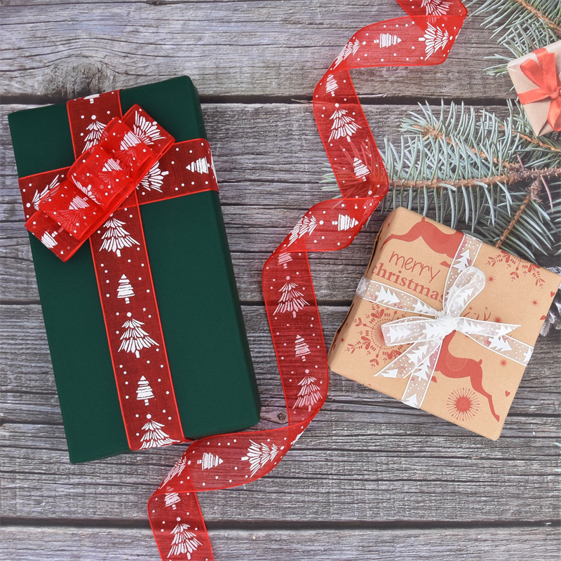Navidad transfronteriza ribbon decoración de pastel impresa ribbon de árbol de Navidad gaza caja de regalo material ramo