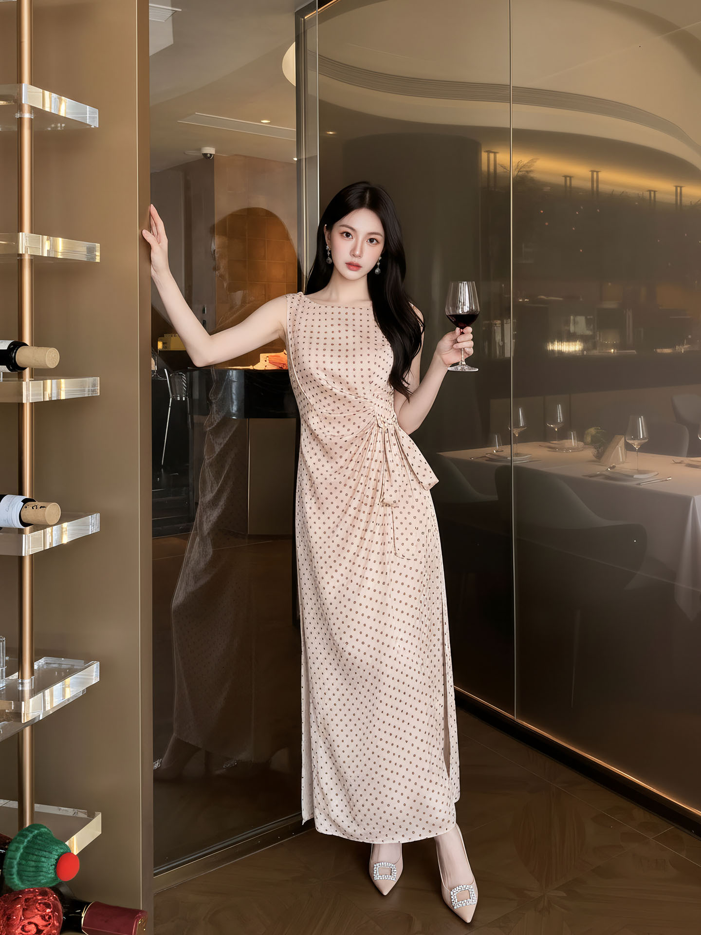 Đầm dài ôm body không tay họa tiết chấm bi phong cách Tân Trung Hoa — Điểm sóng