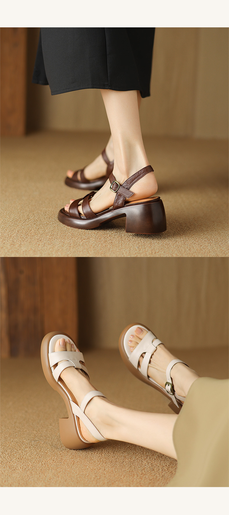 Sandal cao gót nữ hở mũi phong cách La Mã quai ngang đế dày gót thô — Màu nâu đậm chi tiết 8