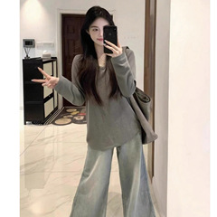 长袖T恤女韩系简约休闲V领灰色慵懒风秋冬新款宽松垂感百搭上衣潮
