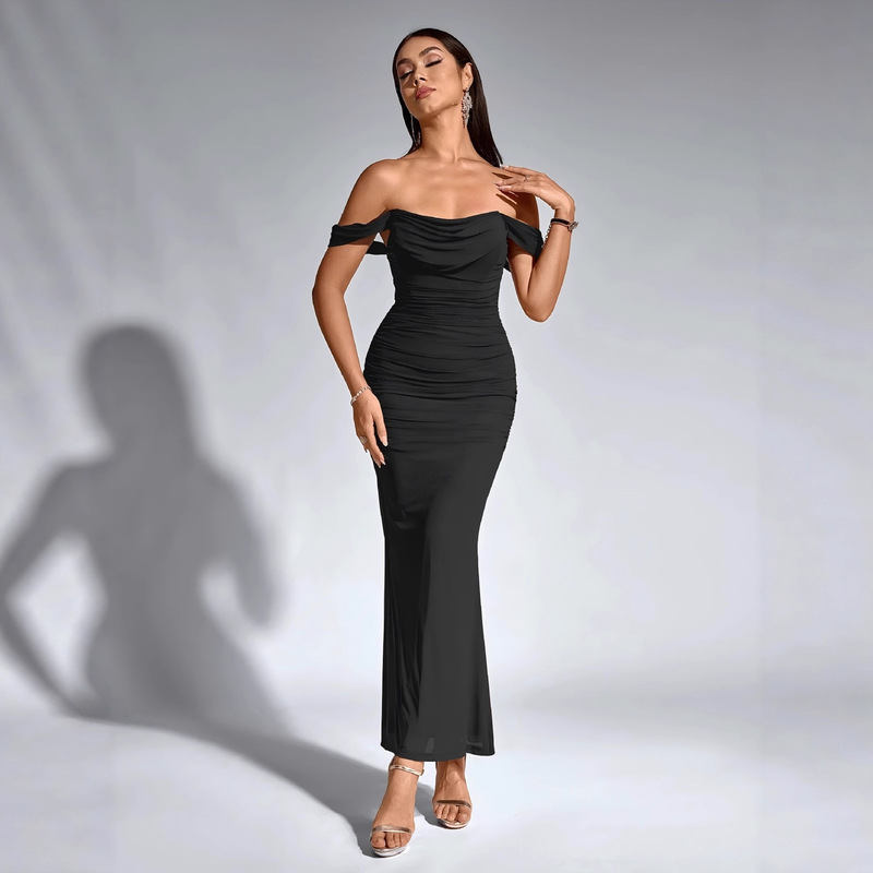 Off the Shoulder Maxi Dress Corset Ruched Sheath Formal Wedding Guest Dresses for Women