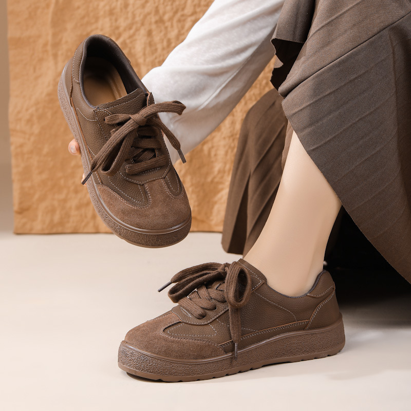 Damen Skaterschuhe Aus Echtleder Retro Braune Flache Sneakers_voghion.com