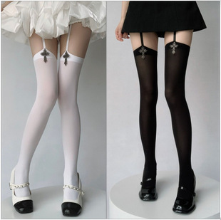 Large Two-Dimensional Cross-Shaped Suspender Integrated Over-The-Knee Socks Lolita Velvet Black and White Pure Color Girls Stockings