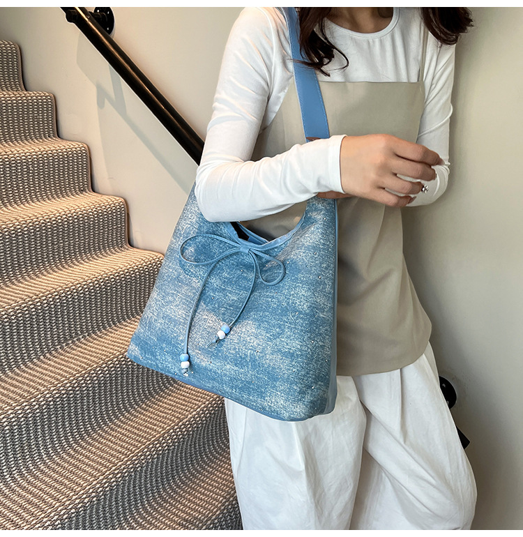 615g Weight String Closure Type Single Shoulder Strap Strap Type Shoulder Bag Bags Type Casual, Holiday Occasion Denim Material Sequins Pattern All Seasons Season Women's Gender Elegant, Streetwear Style Dumpling Shape Shape Women's Denim Sequins Elegant Streetwear Dumpling Shape String Shoulder Bag 3