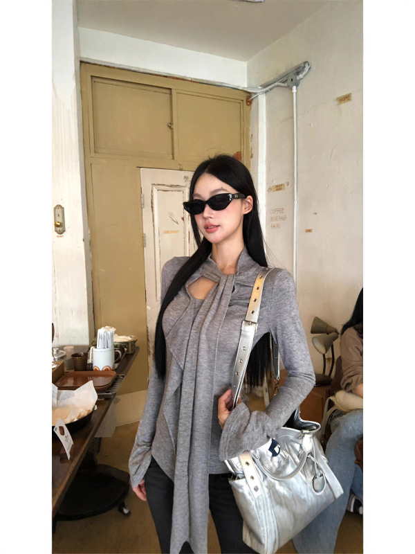韩版灰色高级感不规则打底衫挂脖飘带长袖t恤女秋冬独特别致上衣|undefined